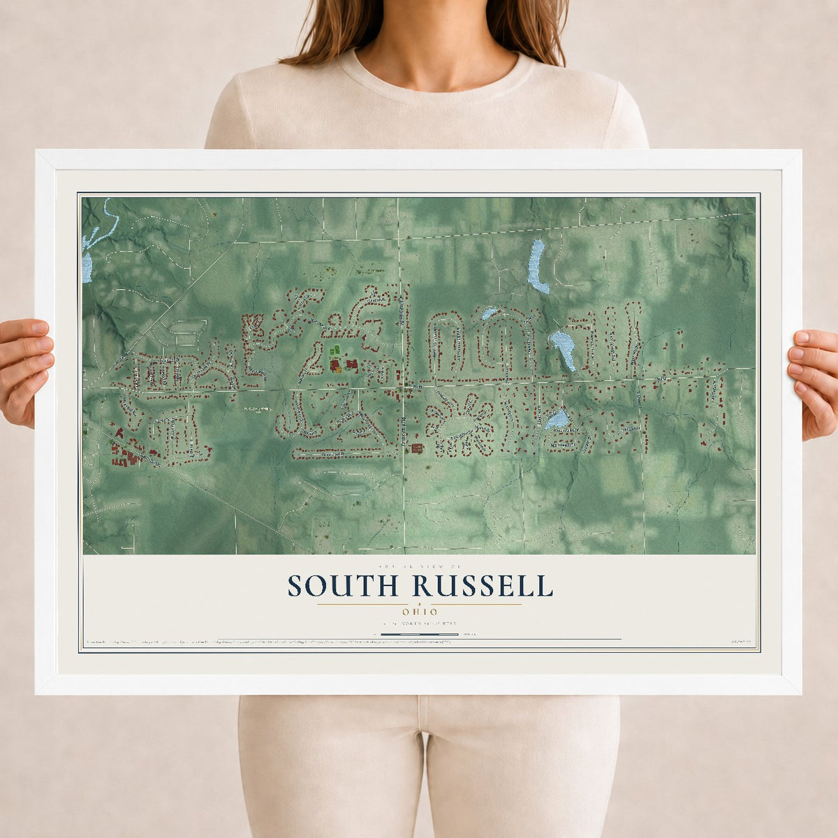 Map of South Russell, Ohio, 18 x 24 inch print in a white wood frame