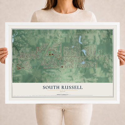 Map of South Russell, Ohio, 18 x 24 inch print in a white wood frame