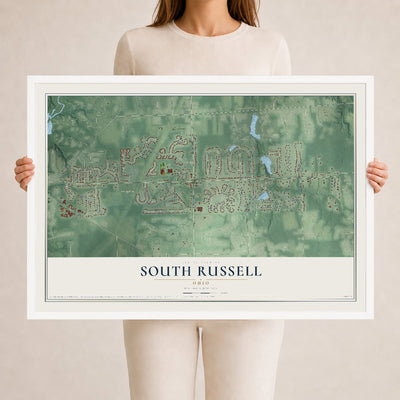 Map of South Russell, Ohio, 24 x 36 inch print in a white wood frame