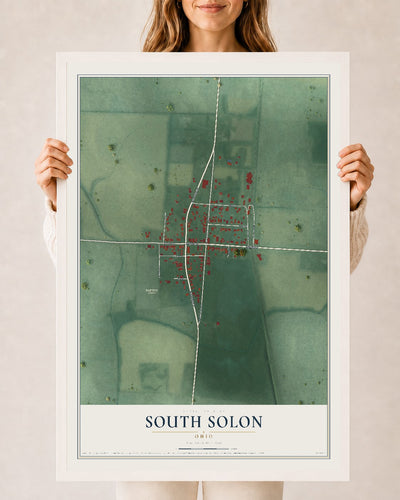 Map of South Solon, Ohio, 24 x 36 inch print in a white wood frame