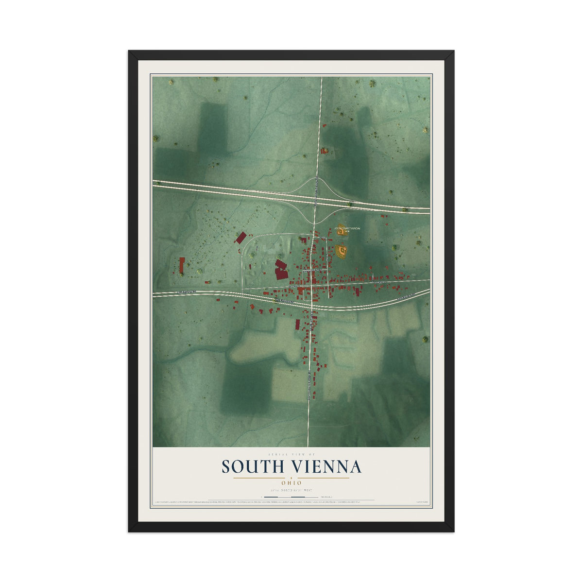 Map of South Vienna, Ohio, 12 x 18 inch print in a black wood frame