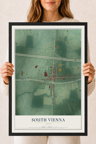 Map of South Vienna, Ohio, 18 x 24 inch print in a black wood frame