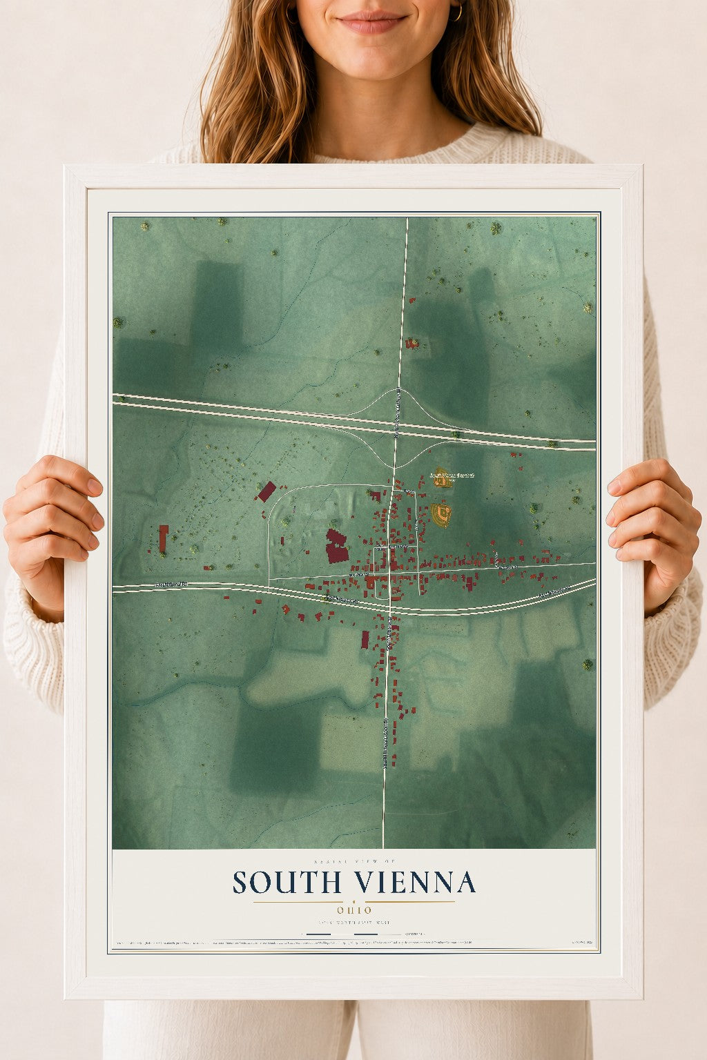 Map of South Vienna, Ohio, 18 x 24 inch print in a white wood frame