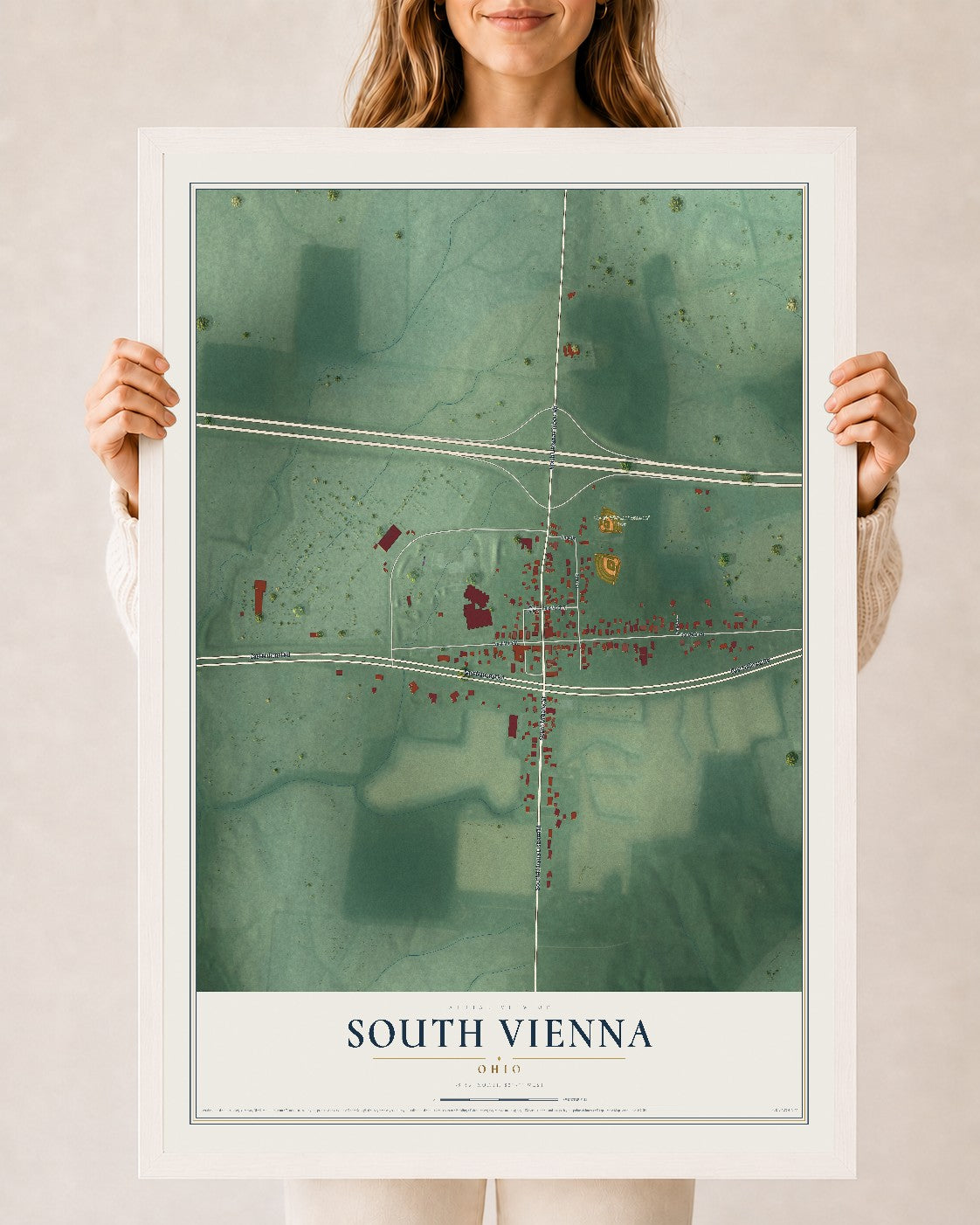 Map of South Vienna, Ohio, 24 x 36 inch print in a white wood frame