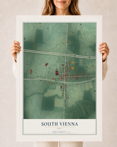 Map of South Vienna, Ohio, 24 x 36 inch print in a white wood frame