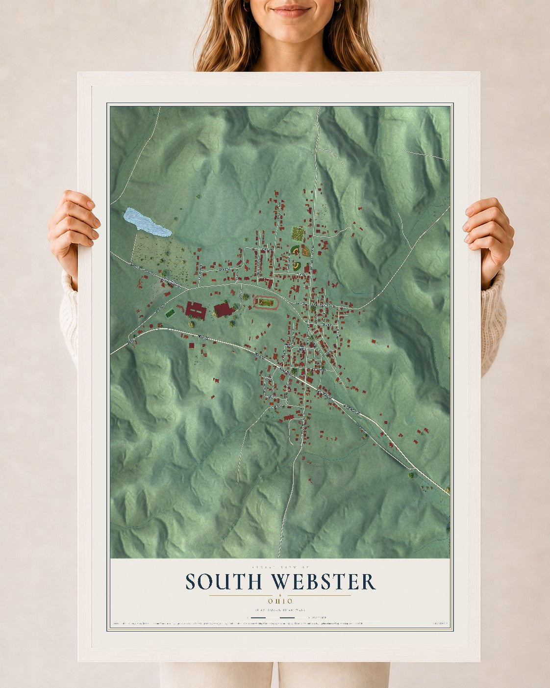 Map of South Webster, Ohio, 24 x 36 inch print in a white wood frame