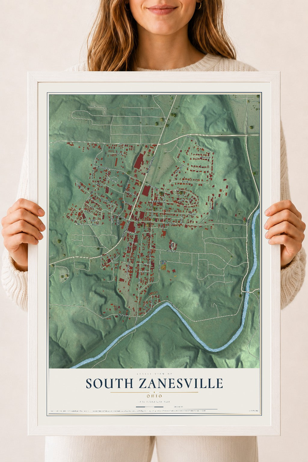 Map of South Zanesville, Ohio, 18 x 24 inch print in a white wood frame