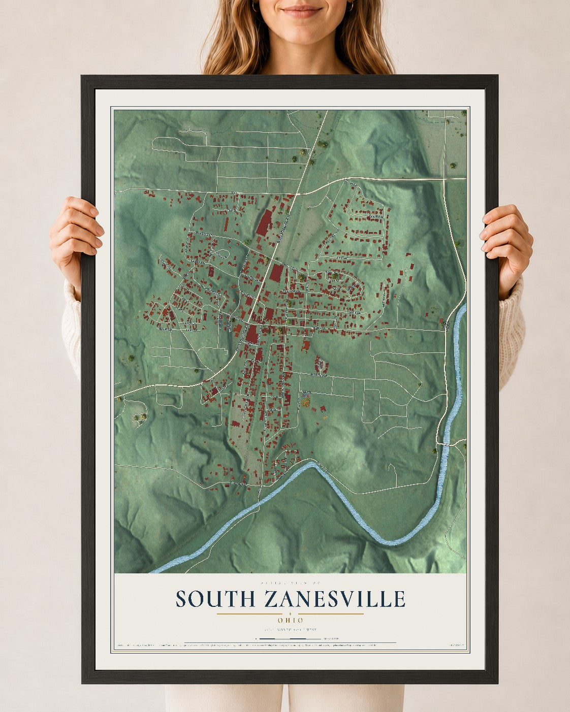 Map of South Zanesville, Ohio, 24 x 36 inch print in a black wood frame