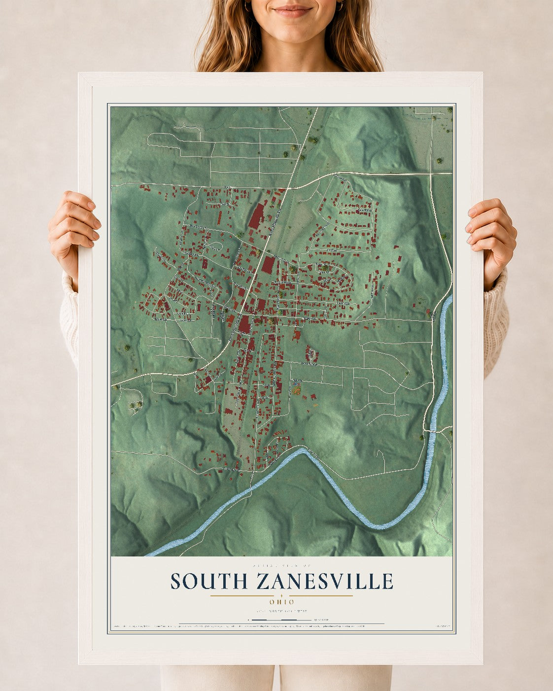 Map of South Zanesville, Ohio, 24 x 36 inch print in a white wood frame