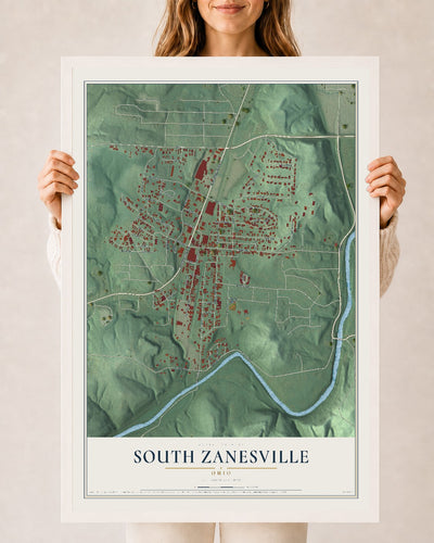 Map of South Zanesville, Ohio, 24 x 36 inch print in a white wood frame