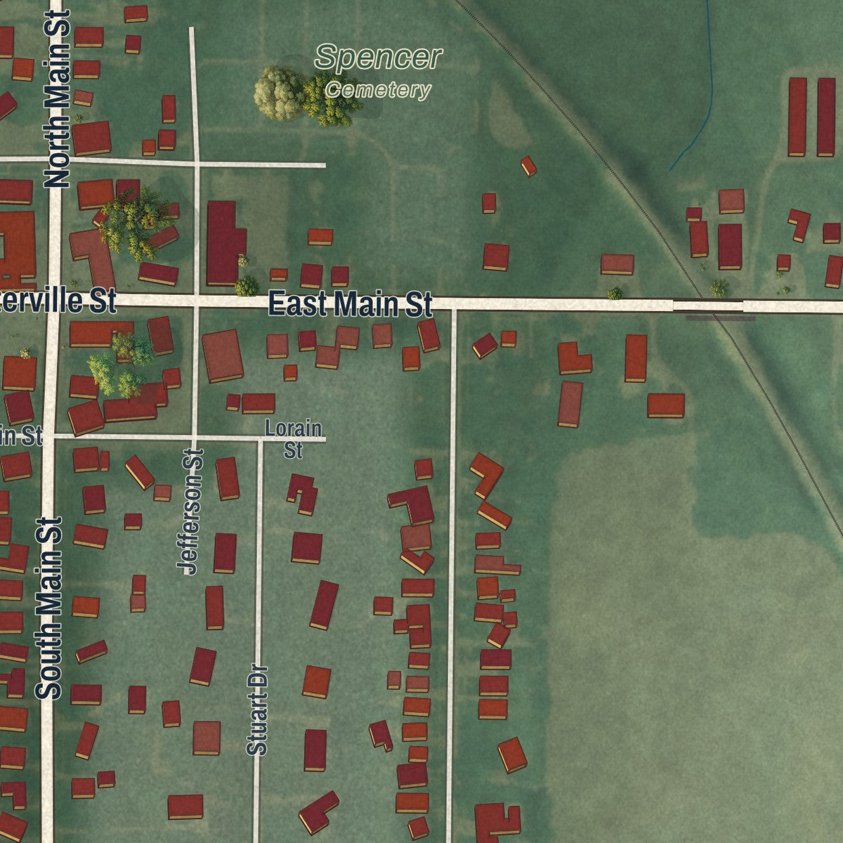Close-up of the map of Spencer, Ohio print showing street and building detail