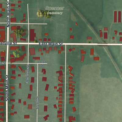 Close-up of the map of Spencer, Ohio print showing street and building detail