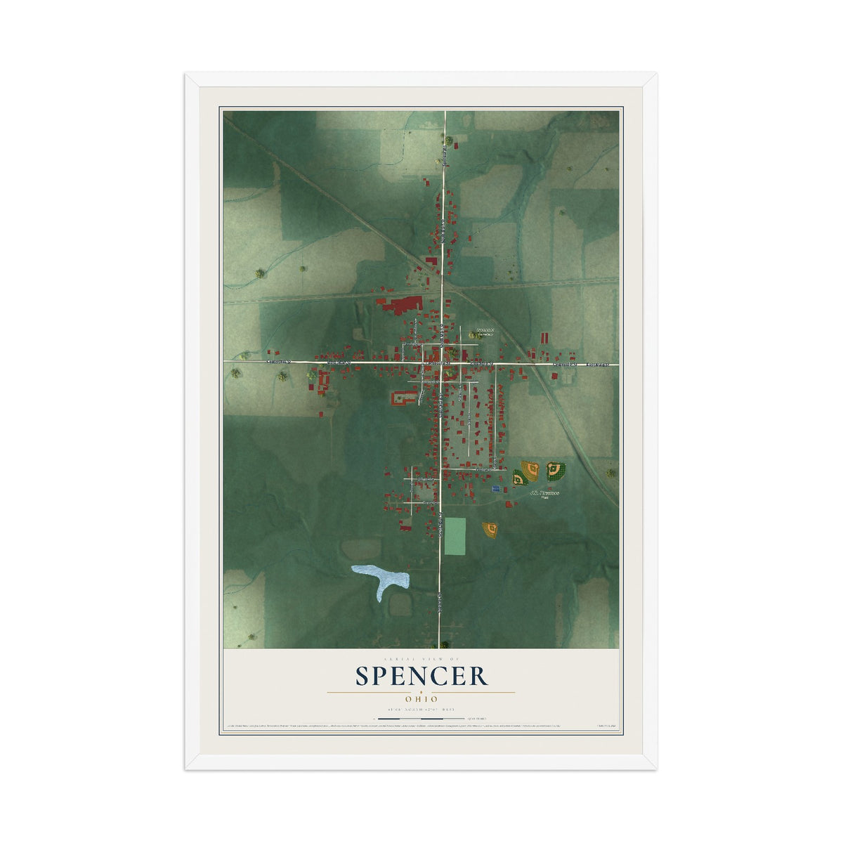 Map of Spencer, Ohio, 12 x 18 inch print in a white wood frame