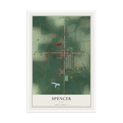 Map of Spencer, Ohio, 12 x 18 inch print in a white wood frame