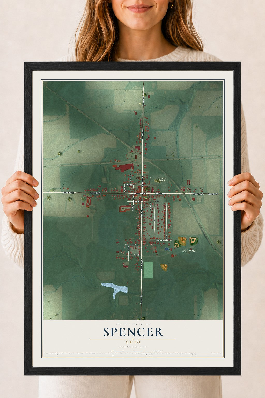Map of Spencer, Ohio, 18 x 24 inch print in a black wood frame