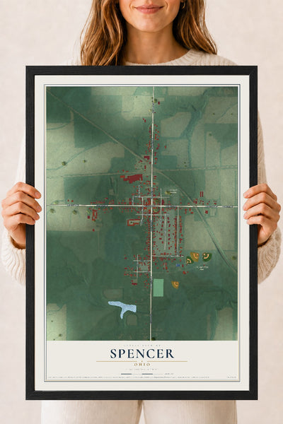 Map of Spencer, Ohio, 18 x 24 inch print in a black wood frame