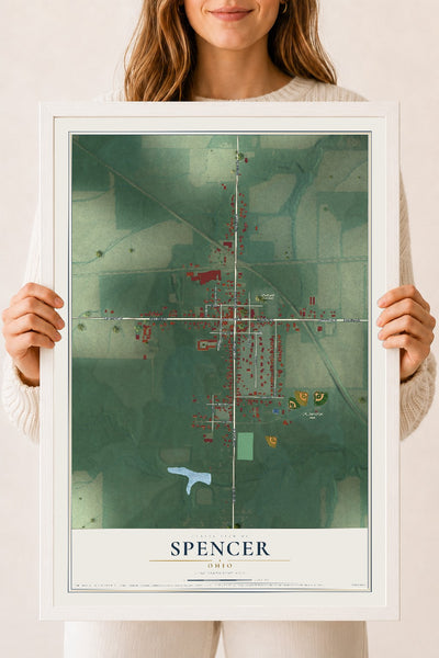 Map of Spencer, Ohio, 18 x 24 inch print in a white wood frame