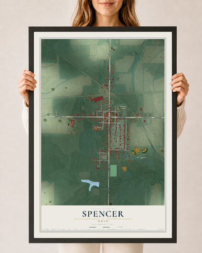 Map of Spencer, Ohio, 24 x 36 inch print in a black wood frame