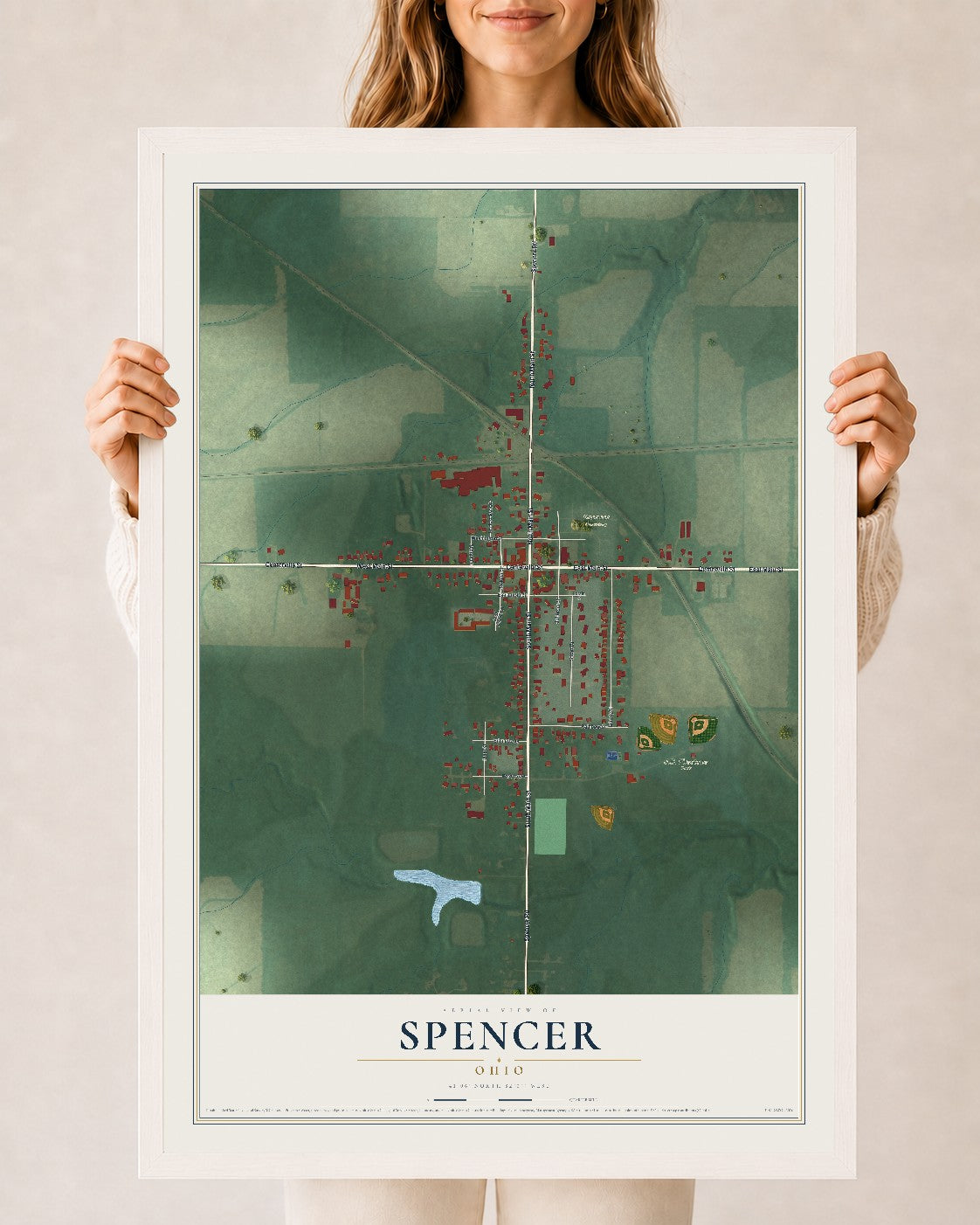 Map of Spencer, Ohio, 24 x 36 inch print in a white wood frame