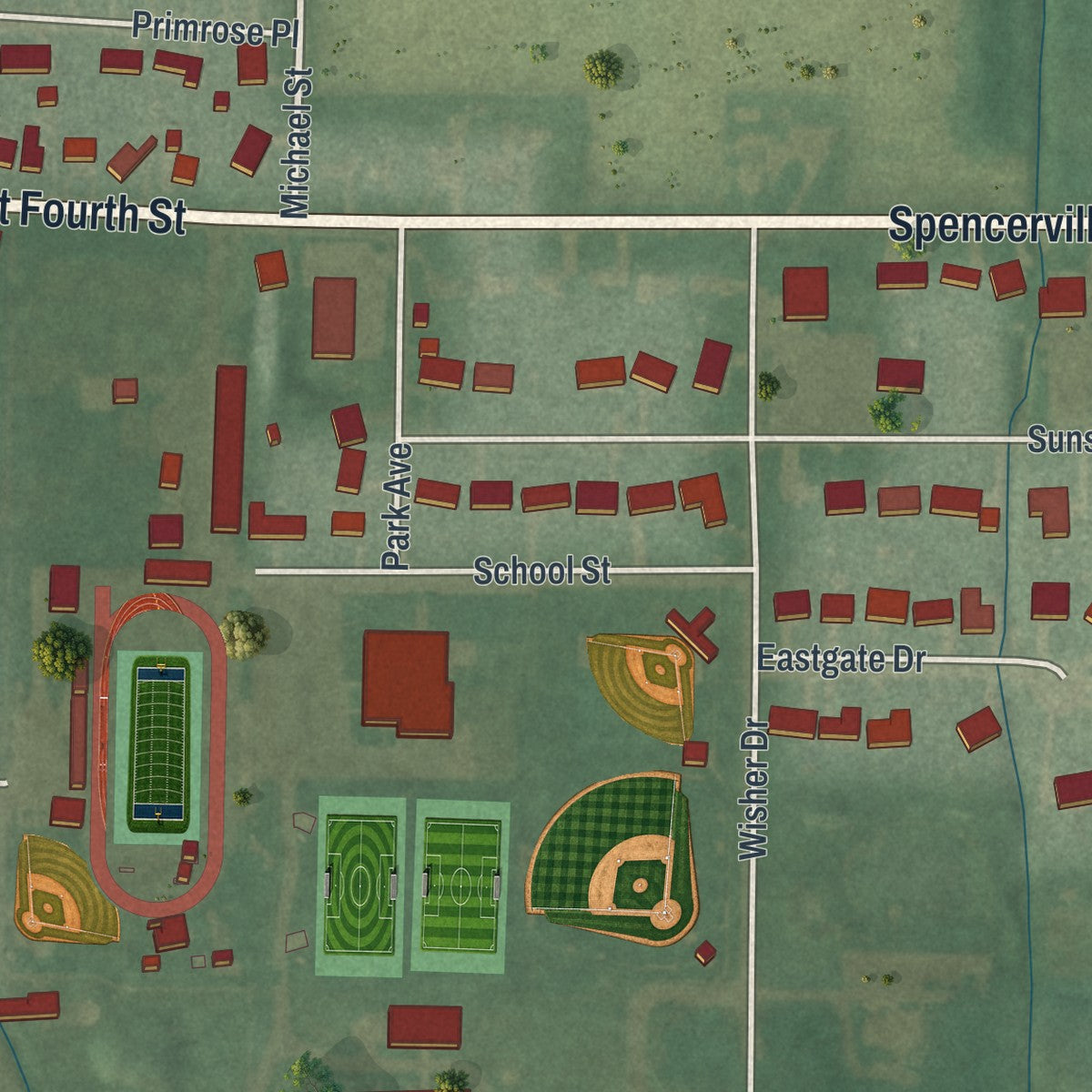 Second close-up of the map of Spencerville, Ohio print showing more streets and buildings