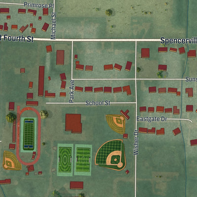 Second close-up of the map of Spencerville, Ohio print showing more streets and buildings