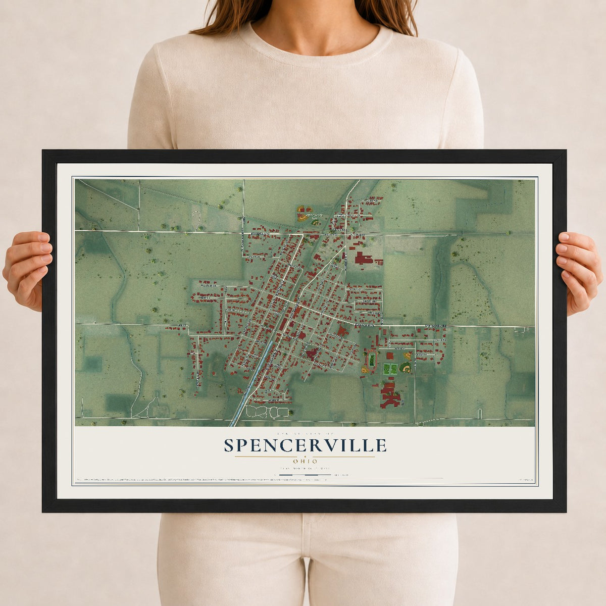 Map of Spencerville, Ohio, 12 x 18 inch print in a black wood frame