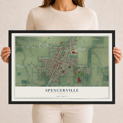 Map of Spencerville, Ohio, 12 x 18 inch print in a black wood frame