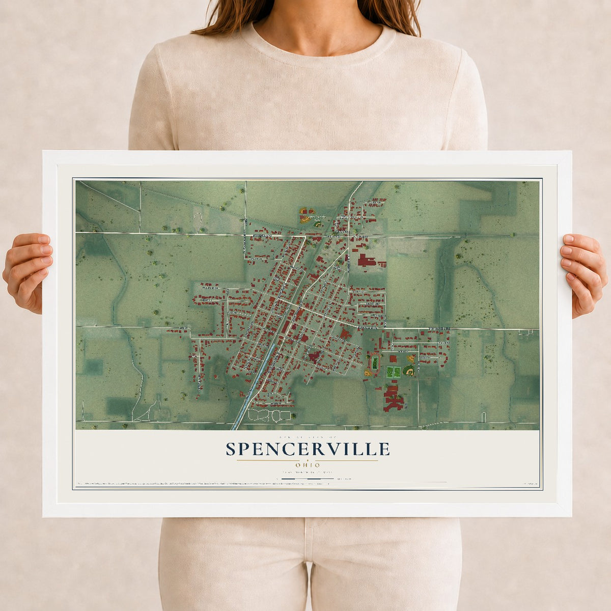 Map of Spencerville, Ohio, 12 x 18 inch print in a white wood frame