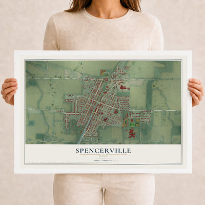 Map of Spencerville, Ohio, 12 x 18 inch print in a white wood frame