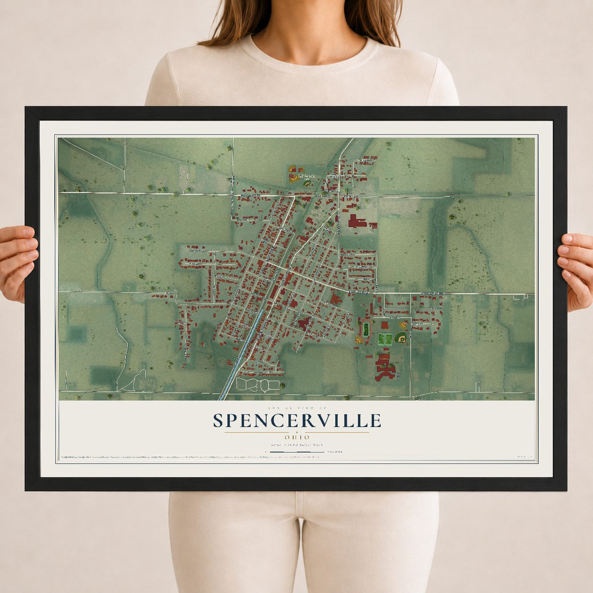 Map of Spencerville, Ohio, 18 x 24 inch print in a black wood frame
