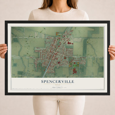 Map of Spencerville, Ohio, 18 x 24 inch print in a black wood frame