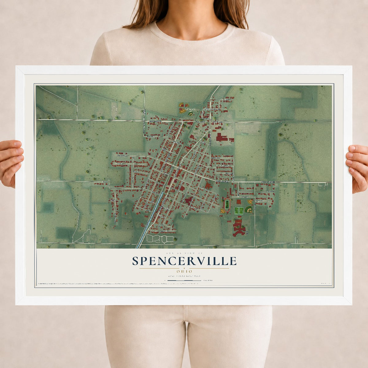 Map of Spencerville, Ohio, 18 x 24 inch print in a white wood frame