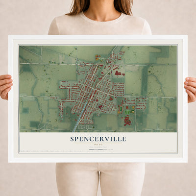 Map of Spencerville, Ohio, 18 x 24 inch print in a white wood frame