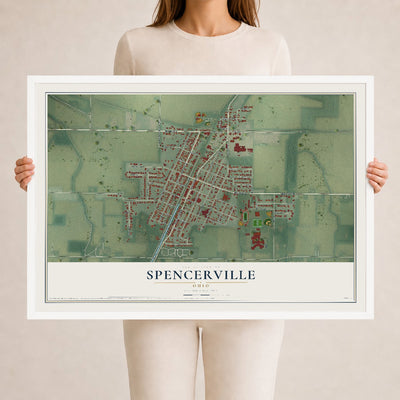 Map of Spencerville, Ohio, 24 x 36 inch print in a white wood frame