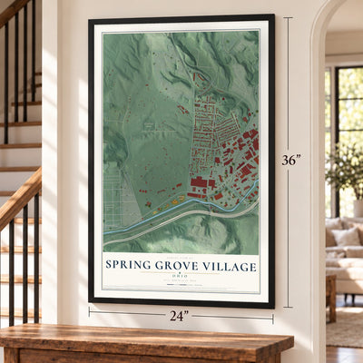 Spring Grove Village, Ohio map, 24 x 36 inch print in a black frame by a staircase