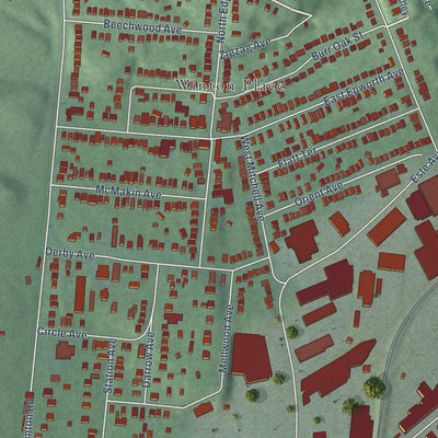 Close-up of the map of Spring Grove Village, Ohio print showing street and building detail