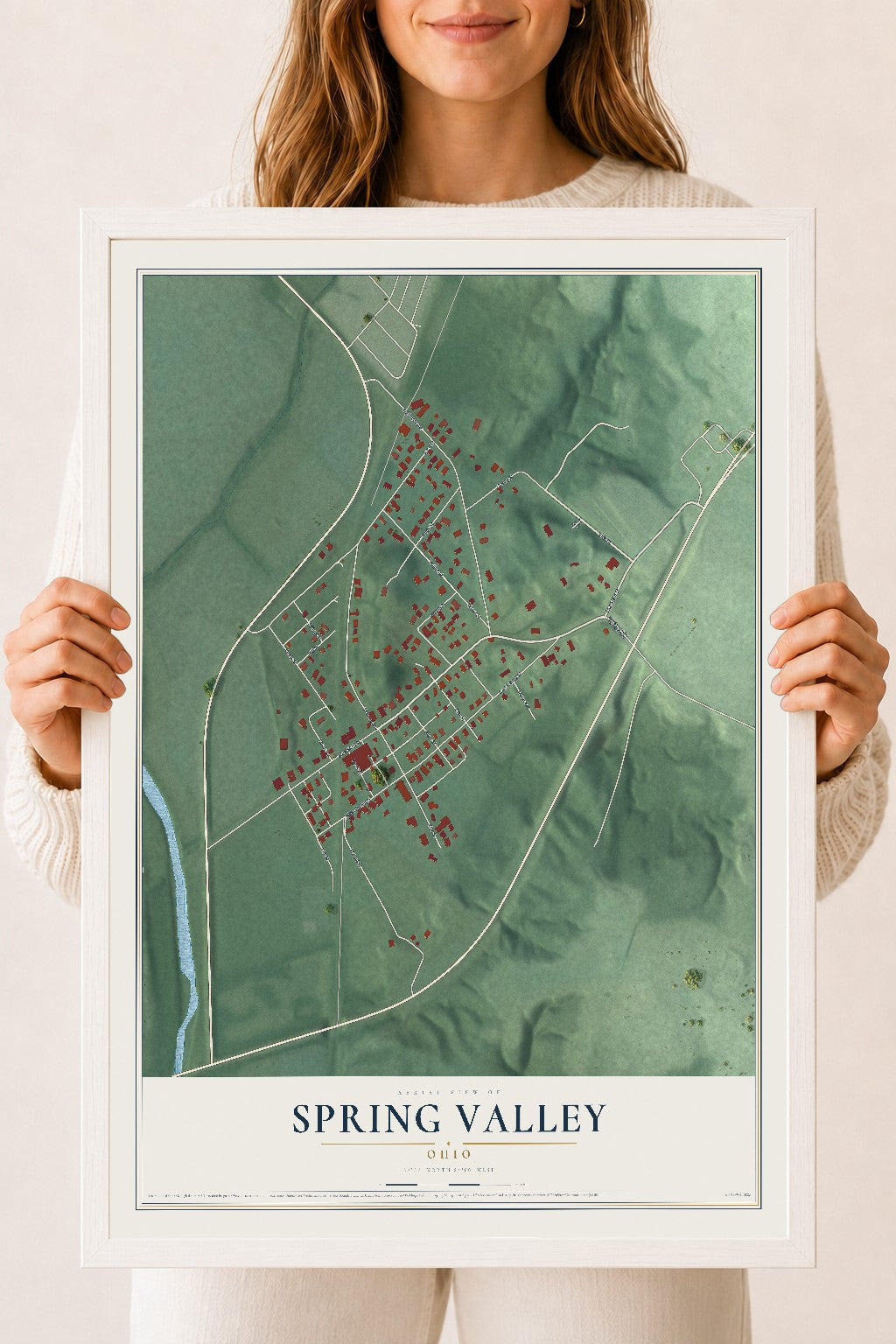Map of Spring Valley, Ohio, 18 x 24 inch print in a white wood frame