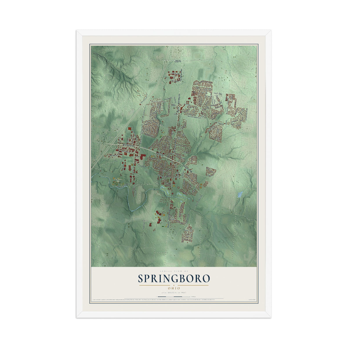 Map of Springboro, Ohio, 12 x 18 inch print in a white wood frame