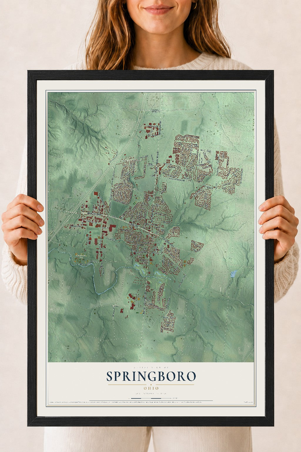 Map of Springboro, Ohio, 18 x 24 inch print in a black wood frame