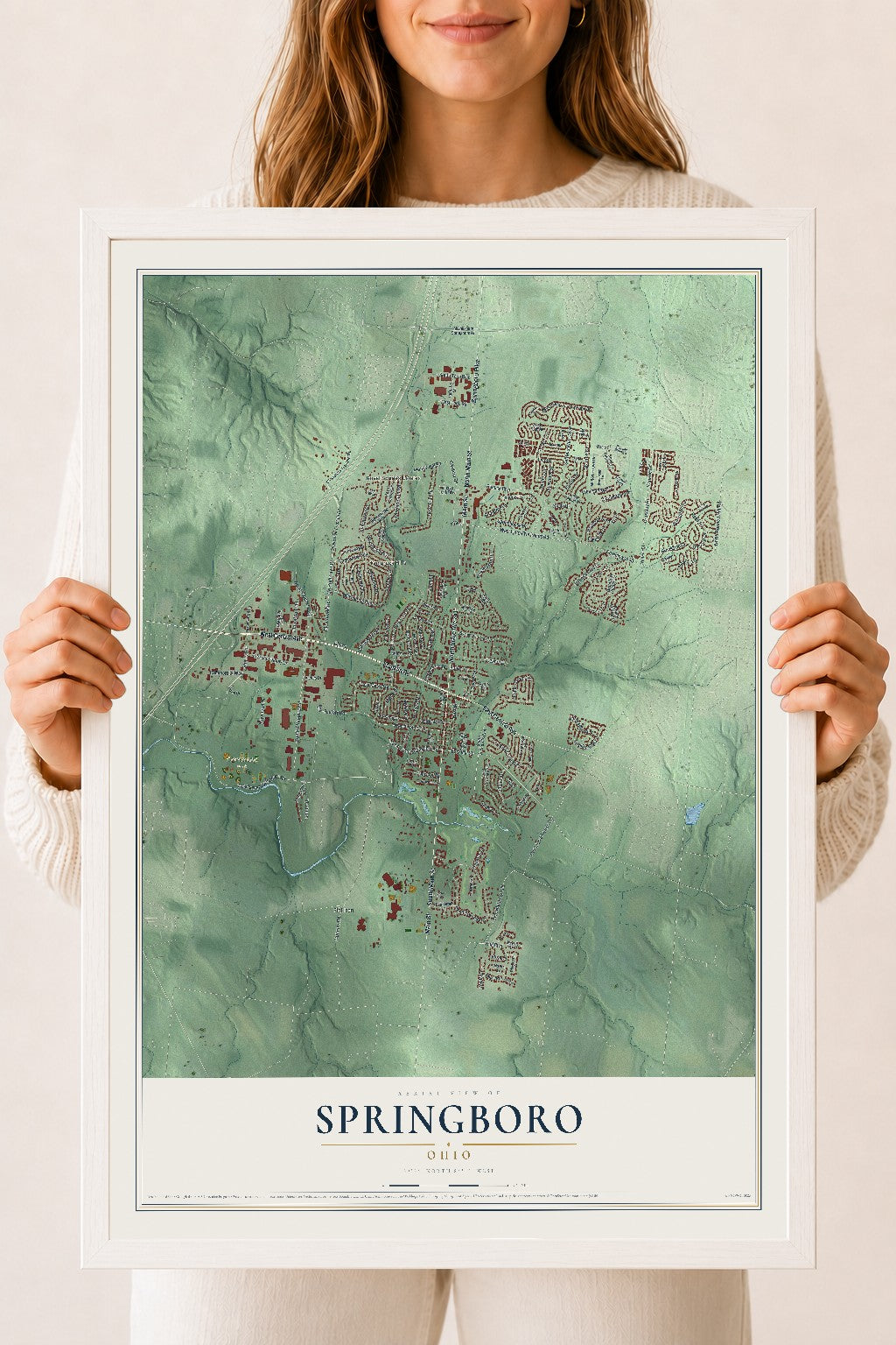 Map of Springboro, Ohio, 18 x 24 inch print in a white wood frame