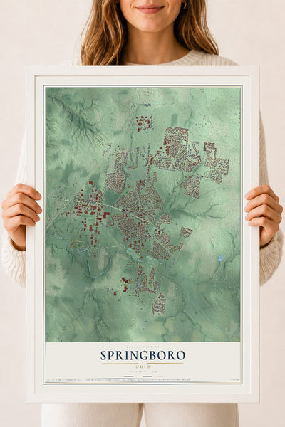 Map of Springboro, Ohio, 18 x 24 inch print in a white wood frame