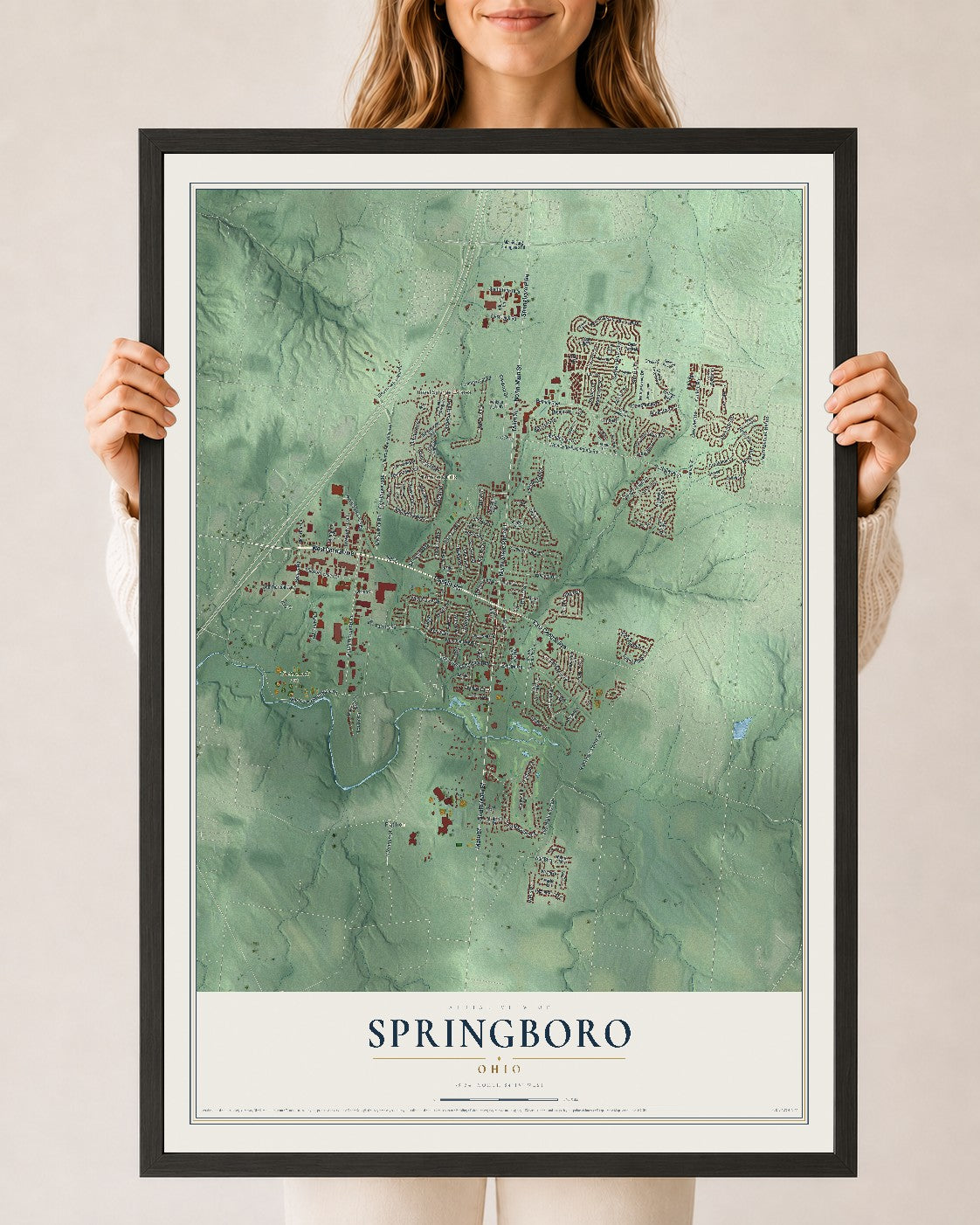 Map of Springboro, Ohio, 24 x 36 inch print in a black wood frame