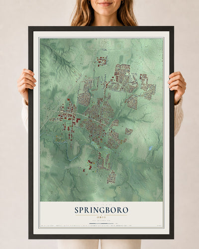 Map of Springboro, Ohio, 24 x 36 inch print in a black wood frame