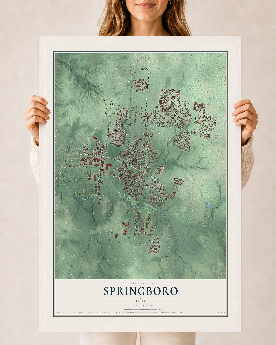 Map of Springboro, Ohio, 24 x 36 inch print in a white wood frame