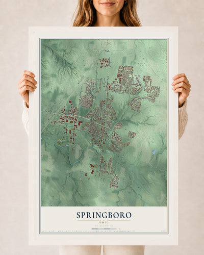 Map of Springboro, Ohio, 24 x 36 inch print in a white wood frame