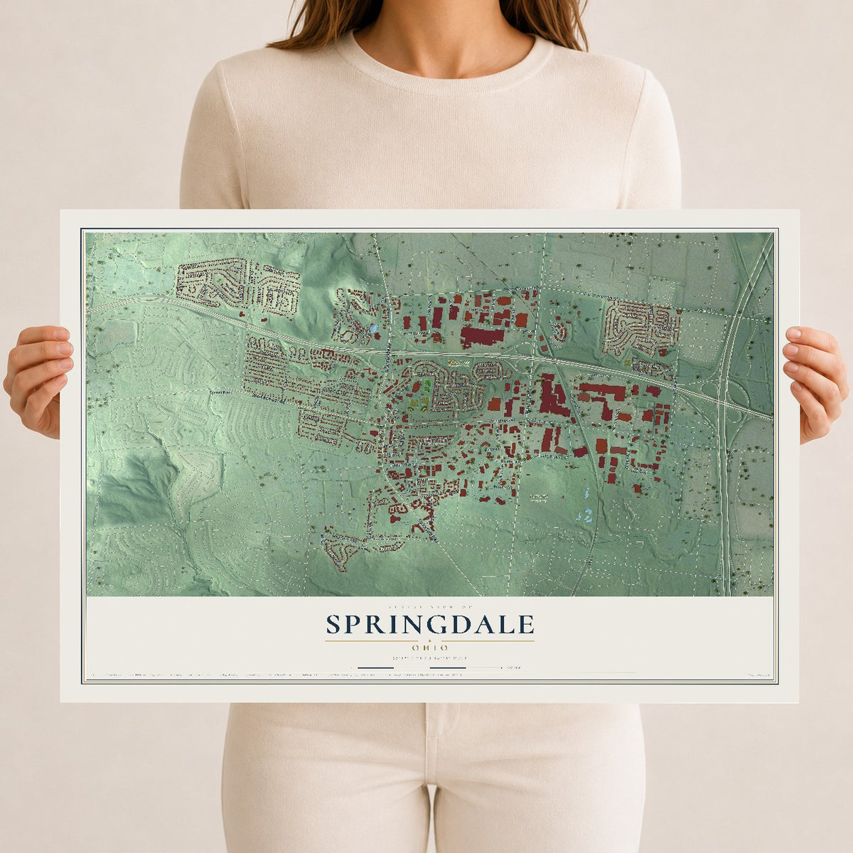 Map of Springdale, Ohio, 12 x 18 inch unframed archival matte print