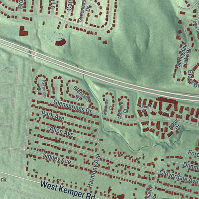 Close-up of the map of Springdale, Ohio print showing street and building detail