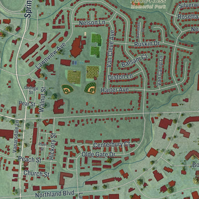 Second close-up of the map of Springdale, Ohio print showing more streets and buildings