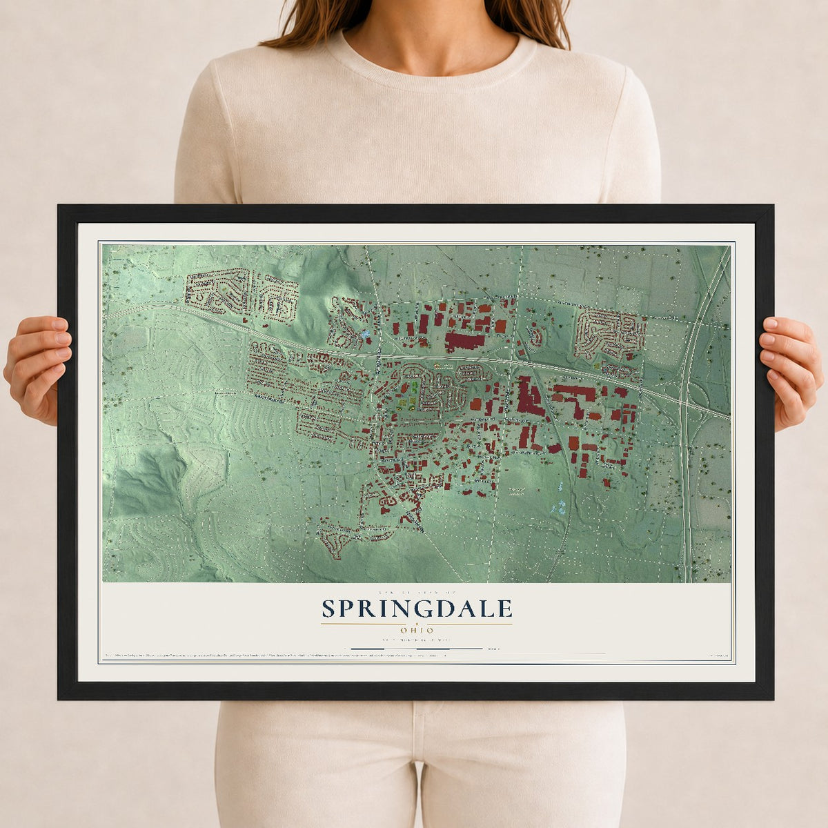 Map of Springdale, Ohio, 12 x 18 inch print in a black wood frame