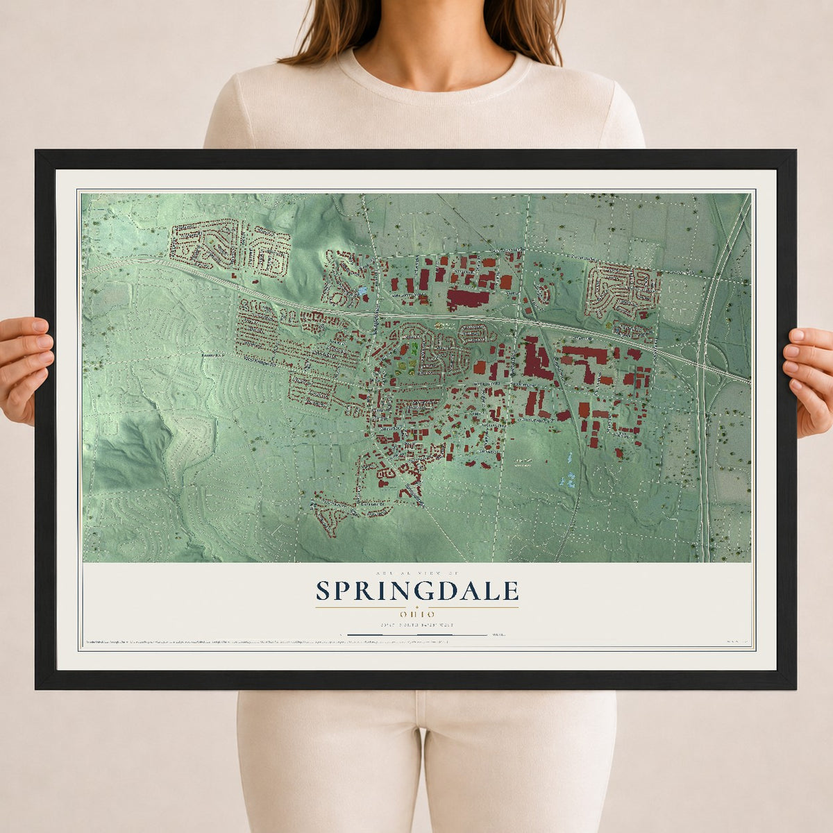 Map of Springdale, Ohio, 18 x 24 inch print in a black wood frame